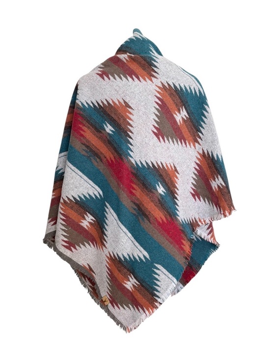 Accessories - Southwestern Pattern Fringe Blanket Wrap in Teal, Rust & Cream